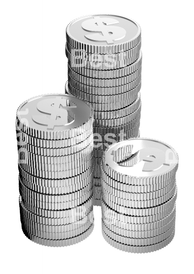 Stacks of silver dollar coins isolated on a white background.