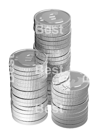Stacks of silver Euro coins isolated on a white background. 