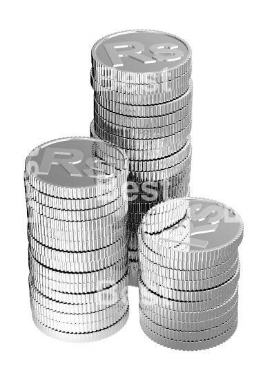 Stacks of silver rupee coins isolated on a white background. 