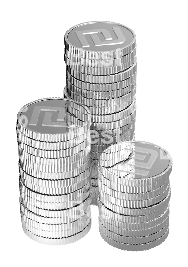Stacks of silver shekel coins isolated on a white background. 