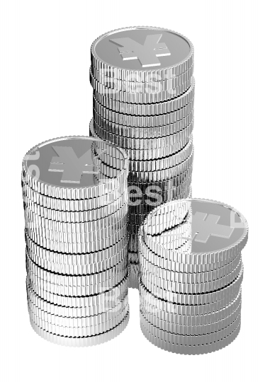 Stacks of silver yen coins isolated on a white background. 