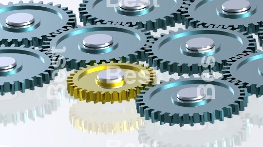 Steel gears in connection with gold one. Concept for teamwork and business.