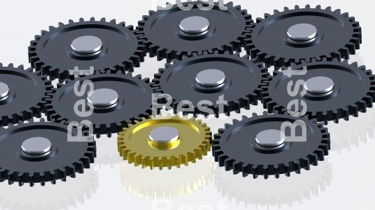 Steel gears in connection with gold one. Concept for teamwork and business.