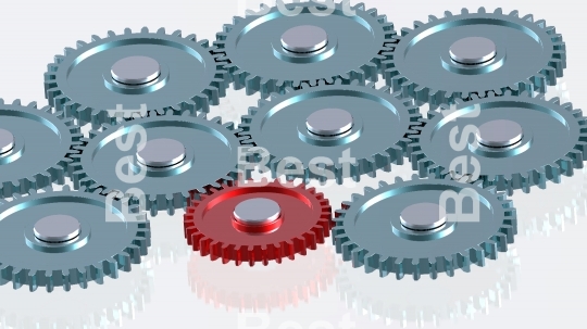 Steel gears in connection with red one. Concept for teamwork and business.