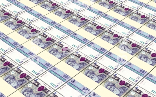 Tajikistani Somoni bills stacks background