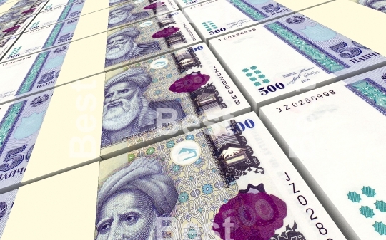 Tajikistani Somoni bills stacks background