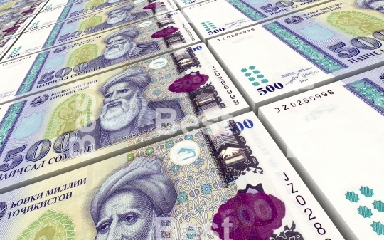 Tajikistani Somoni bills stacks background