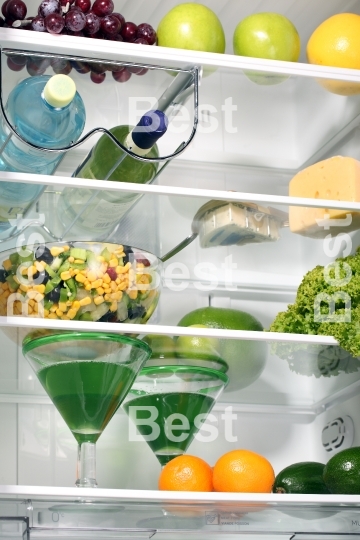 The inside of refrigerators. 