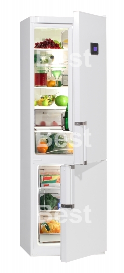 Two door white refrigerator with LCD