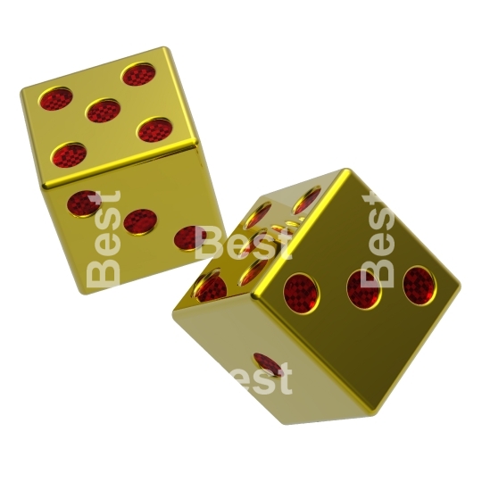 Two gold dices isolated on white. 