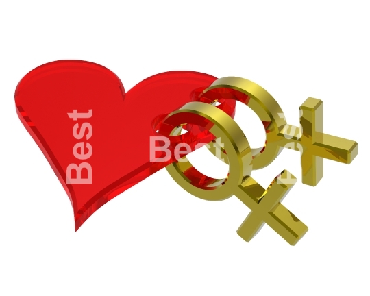 Two gold female sex symbol with heart.