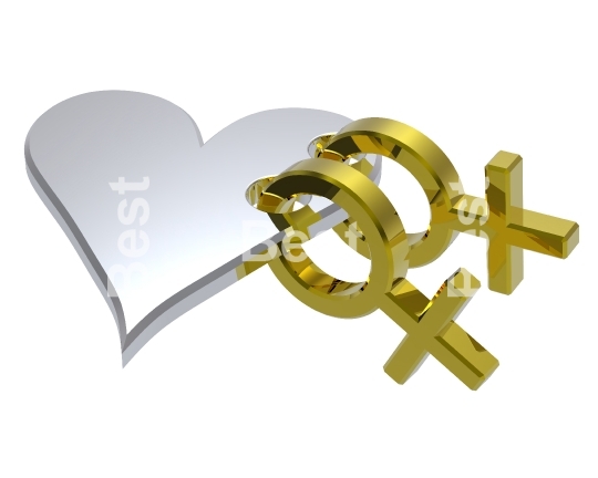 Two gold female sex symbol with heart.
