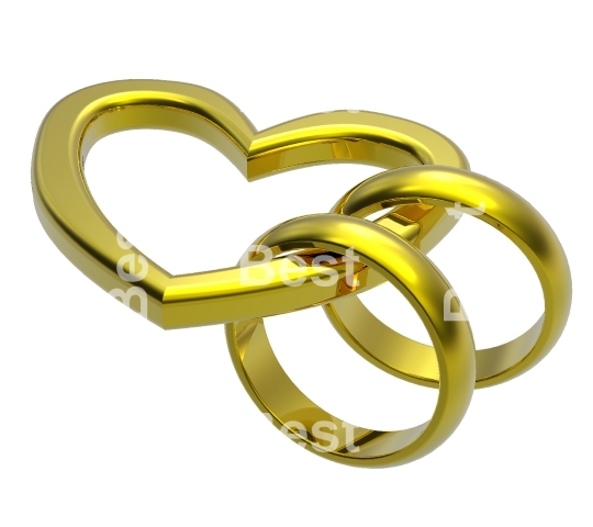 Two gold wedding rings with gold heart. 