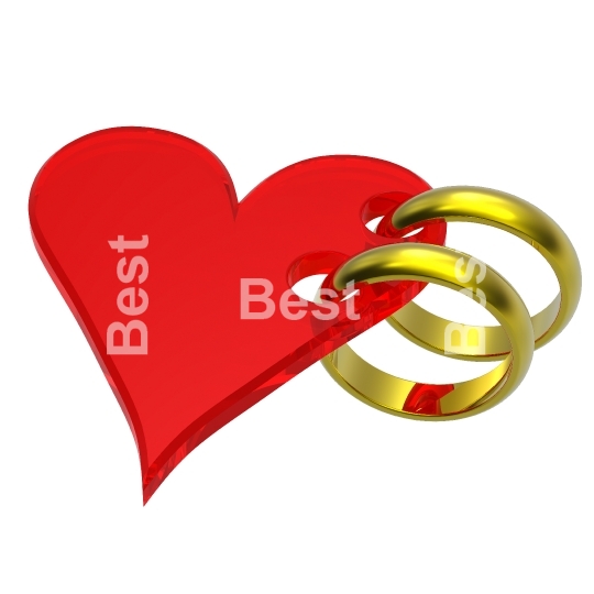Two gold wedding rings with red heart. 