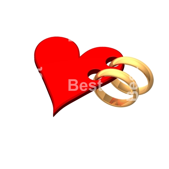 Two gold wedding rings with red heart. 