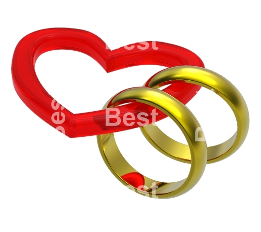 Two gold wedding rings with red heart. 