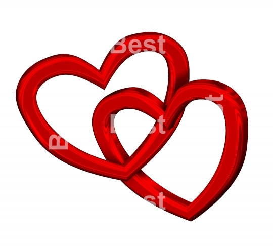 Two joined red hearts on white background
