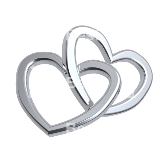 Two joined silver hearts on white background