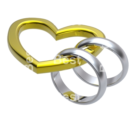 Two silver wedding rings with gold heart.