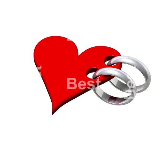 Two silver wedding rings with red heart. 