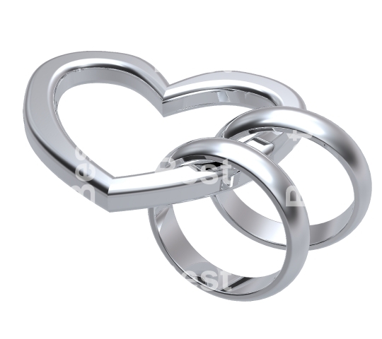 Two silver wedding rings with silver heart. 