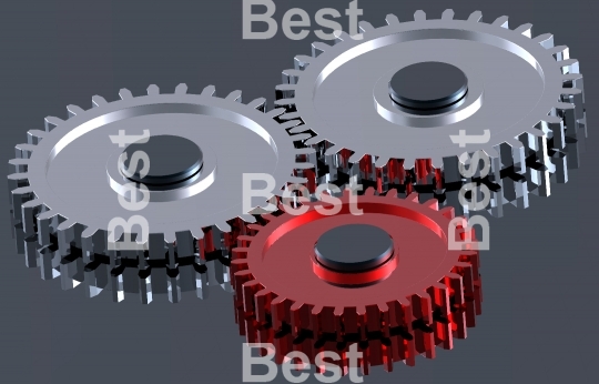 Two steel gears in connection with red one.