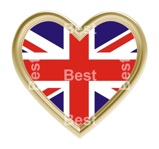 UK flag in golden heart isolated on white background.