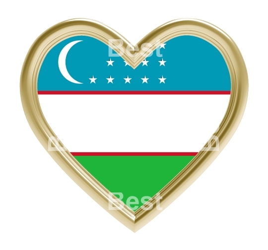 Uzbekistan flag in gold heart isolated on white background