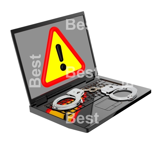 Virus warning sign on laptop screen with handcuffs.