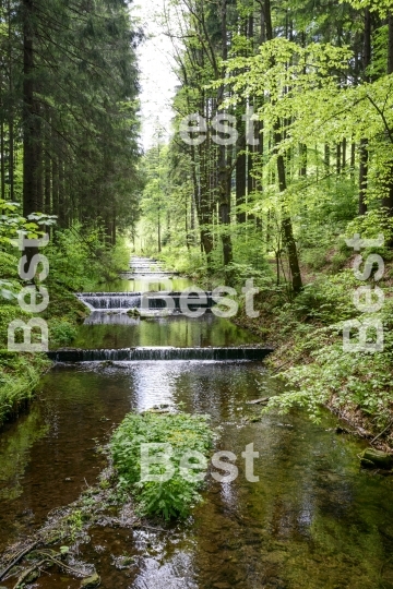 Water stream cascade falls near old gold mine in Zlate Mesto, Czech Republic. 