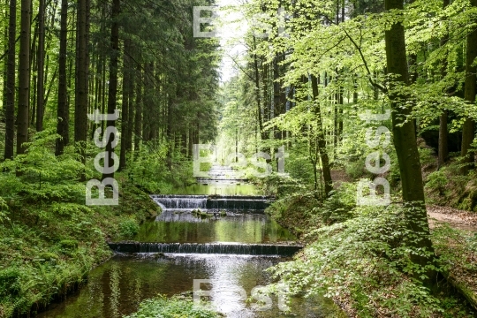 Water stream cascade falls near old gold mine in Zlate Mesto, Czech Republic. 