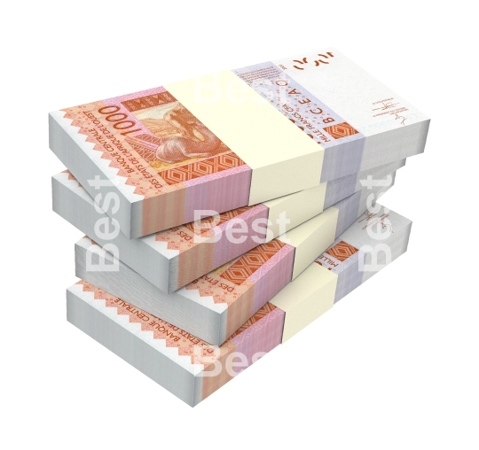 West African CFA franc bills isolated on white background