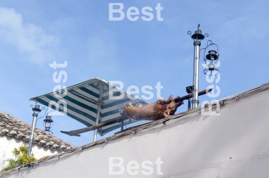 Whole golden roasted pig on a spit on a house roof. 