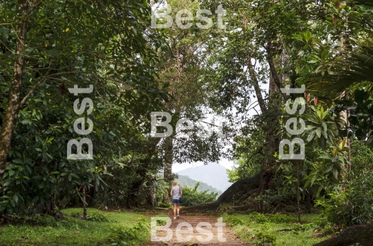 Woman walking through a tropical forest