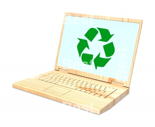 Wooden recyclable laptop isolated over white.