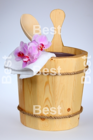 Wooden sauna bucket with spoon