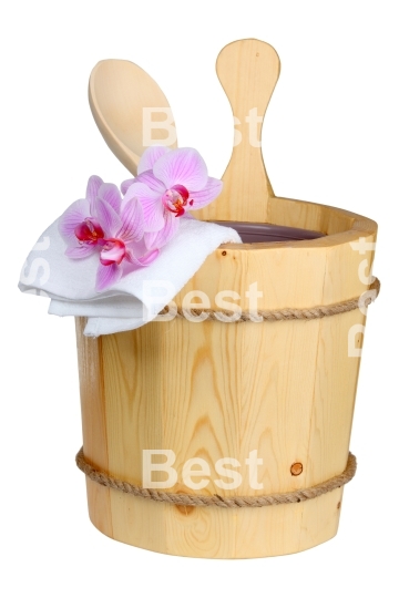 Wooden sauna bucket with spoon