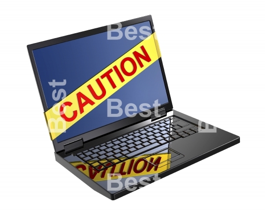 Yellow caution tape over laptop screen isolated over white.