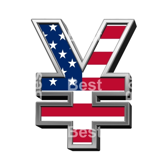 Yen sign from american flag alphabet set isolated over white.