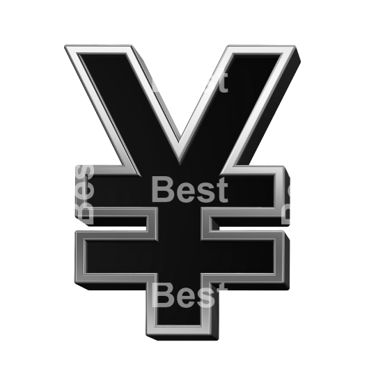 Yen sign from black with shiny silver frame alphabet set, isolated on white. 