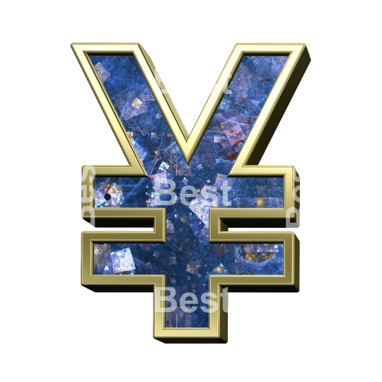 Yen sign from blue fractal with gold frame alphabet set, isolated on white.