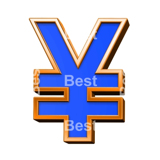 Yen sign from blue with orange frame alphabet set, isolated on white. 