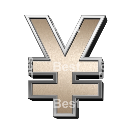 Yen sign from brushed copper with silver frame alphabet set, isolated on white