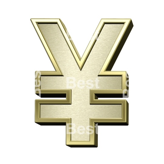 Yen sign from brushed gold with shiny frame alphabet set, isolated on white.