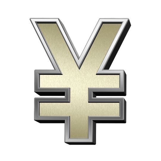 Yen sign from brushed gold with shiny silver frame alphabet set, isolated on white.