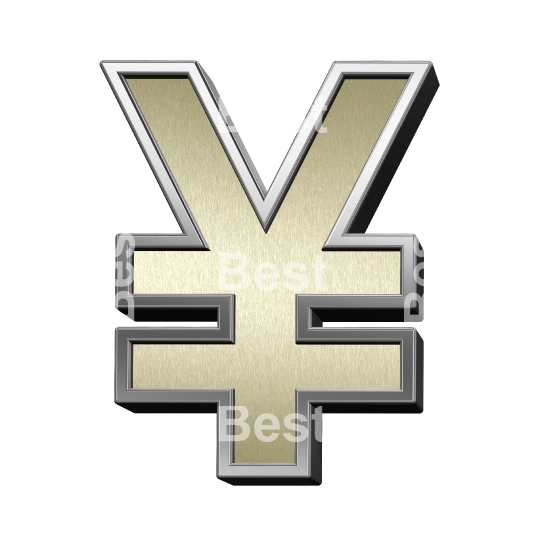 Yen sign from brushed gold with shiny silver frame alphabet set, isolated on white.
