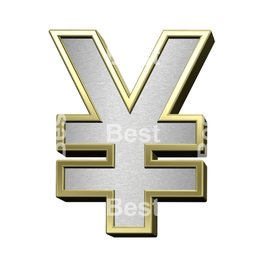 Yen sign from brushed silver with shiny gold frame alphabet set, isolated on white.