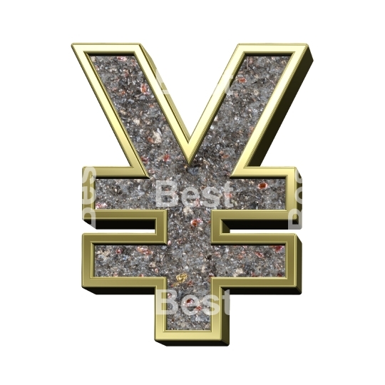 Yen sign from corroded steel with gold frame alphabet set, isolated on white.