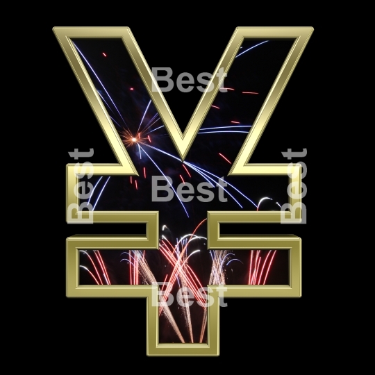 Yen sign from firework with gold frame alphabet set