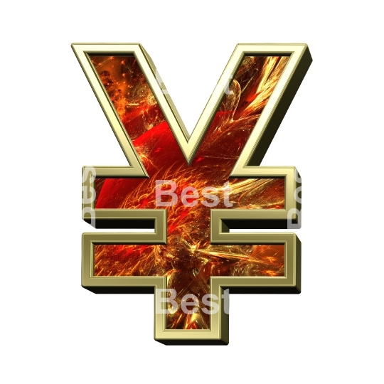 Yen sign from fractal alphabet set isolated over white.